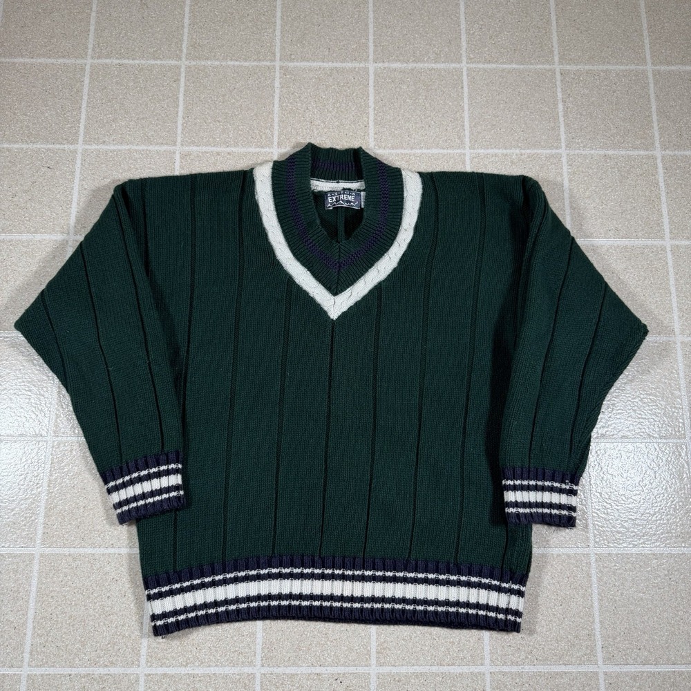 Vtg Extreme Gear Sz L Cable Knit Ribbed V-Neck Sweater Green Tennis Cricket